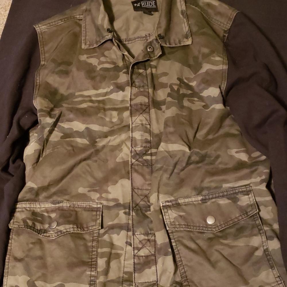 Army jacket,  brand name  Rude and a size Large